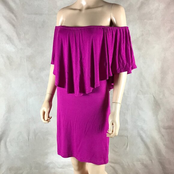 CRYSTAL DOLL Off-the-shoulder Magenta Layered Bodycon Dress NEW Small - Picture 4 of 5